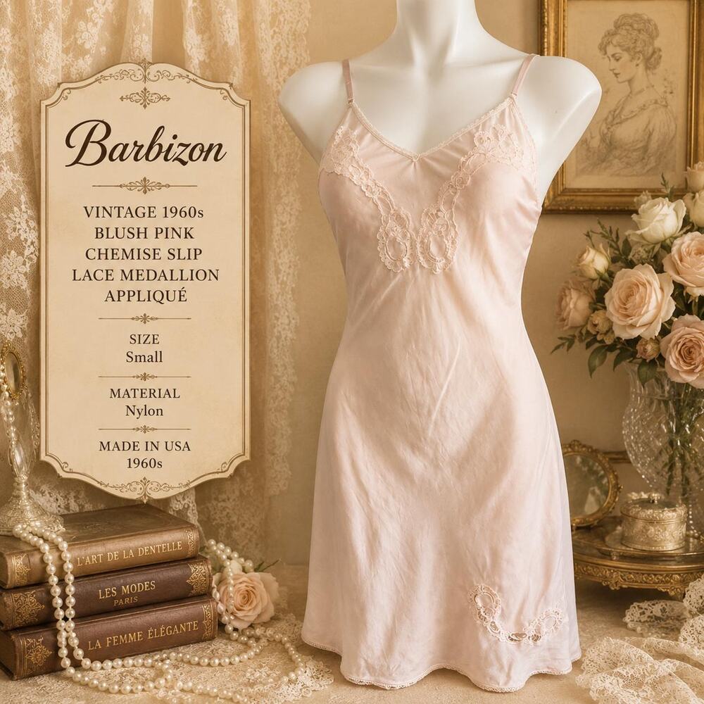 Vintage 1960s Barbizon Blush Pink Chemise Slip Lace Medallion Applique Small